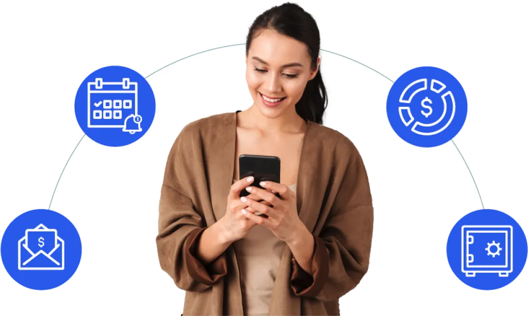 Icons behind a person on a phone, including a bill, a calendar with a bell, a donut chart, and a safe.