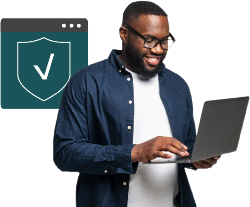 Man smiling at an open laptop, in front of a browser window graphic with a shield and checkmark